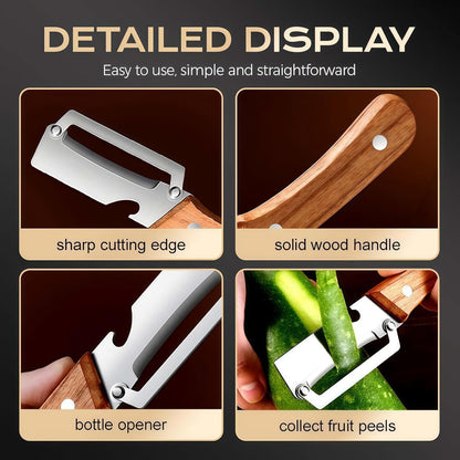 2Pcs Multifunctional Vegetable Peeler for Kitchen, 2-in-1 Stainless Steel Vegetable Peeler with Wooden Handle and Bottle Opener, Stainless Steel Blade, Non-Slip Kitchen Vegetable and Fruit Peeler