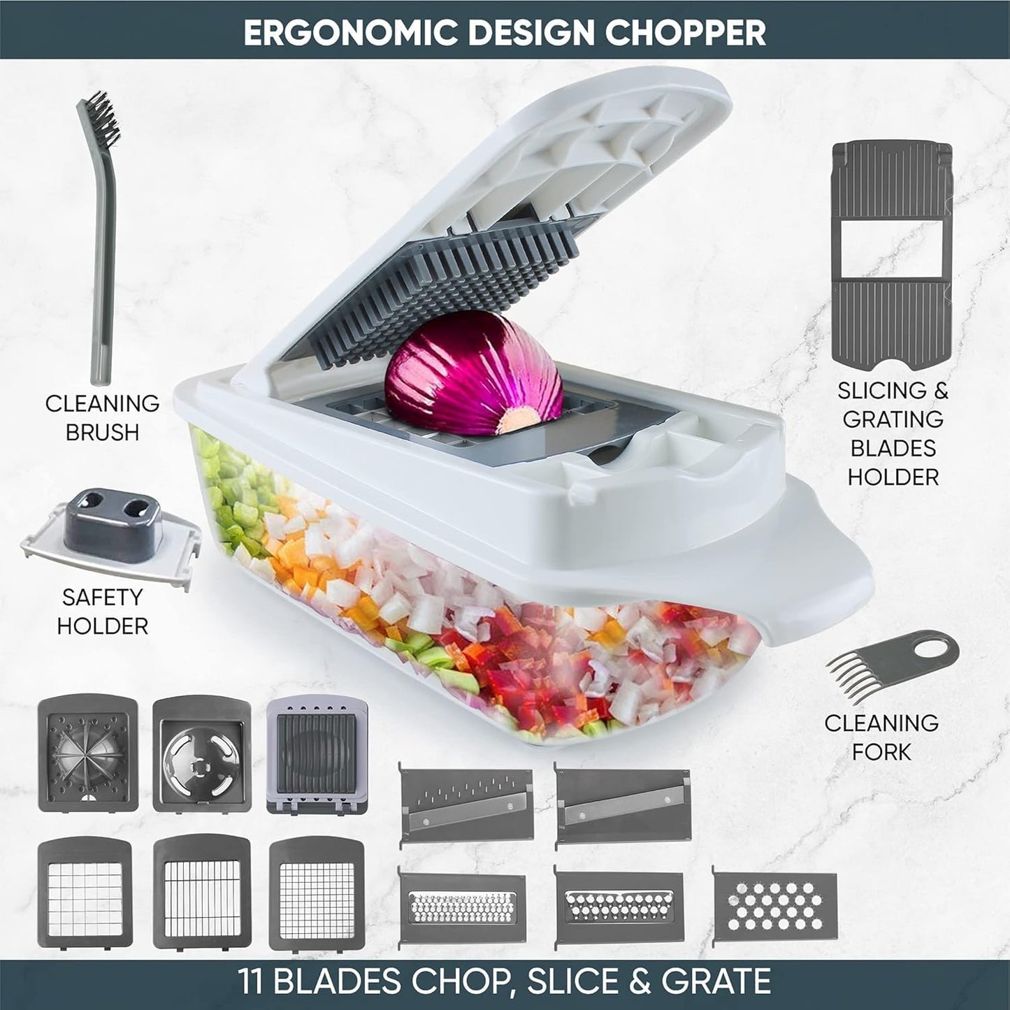 RüK Vegetable Chopper - 22-in-1 Multi Veggie Mandoline Slicer with 11 Blades & Lemon Squeezer | Food Cutter
