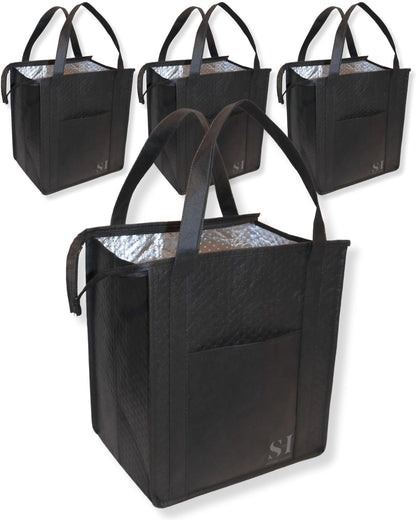 Serene Homes Black Insulated Grocery Bags, 4 Pack Reusable Shopping Bags with Zippered Top for Groceries & Food Delivery