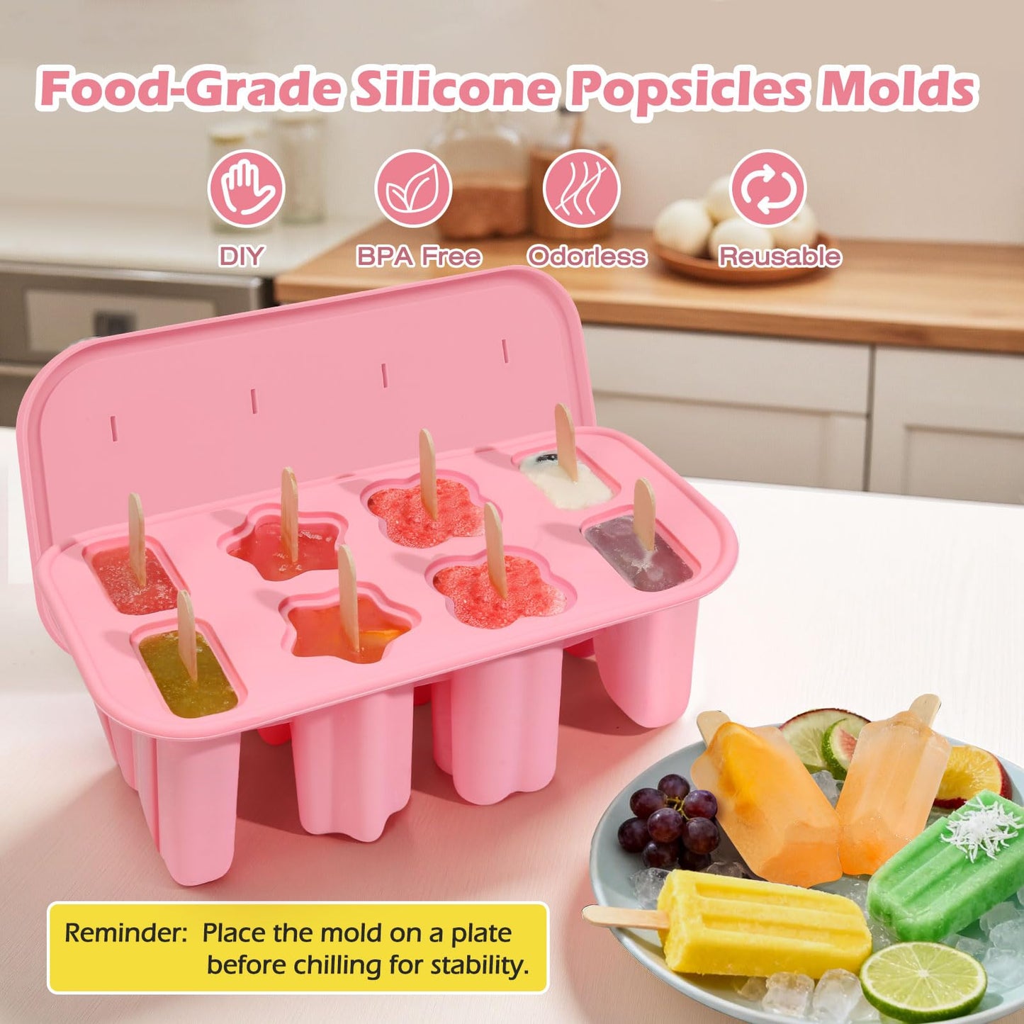 Firstfooby Popsicles Molds, 8-Cavity Silicone Popsicle Molds with 50 Sticks, BPA-Free Ice Pop Mold Popsicle Maker with Funnel & Cleaning Brush for Kids Adult Teens