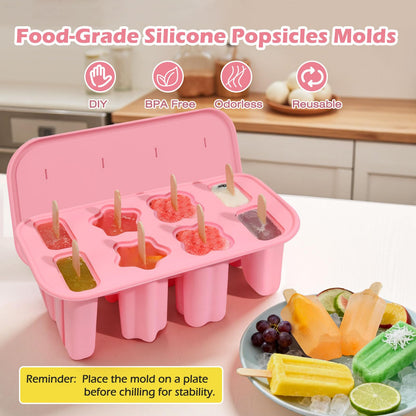 Firstfooby Popsicles Molds, 8-Cavity Silicone Popsicle Molds with 50 Sticks, BPA-Free Ice Pop Mold Popsicle Maker with Funnel & Cleaning Brush for Kids Adult Teens