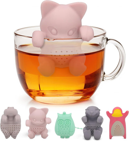 Tea Infuser for Loose Leaf Tea - Par-Tea Pack Silicone Strainer Animals, 5-Pack Loose Leaf Steeper Set in Multi-Color