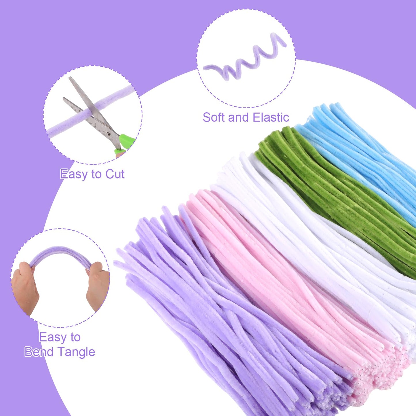 WSICSE 500Pcs Purple Pipe Cleaner Flower Kit, Pipe Cleaners Bulk Chenille Stems with Floral Wires, Gardening Tape,Stamen& Ribbon, Wrapping Paper (5 Colors)