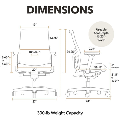 HON Ignition 2.0 Ergonomic Office Chair Fabric Seat, Adjustable Tilt, Swivel Wheels, Comfy for Long Hours, Home Office Desk Chairs, Fog