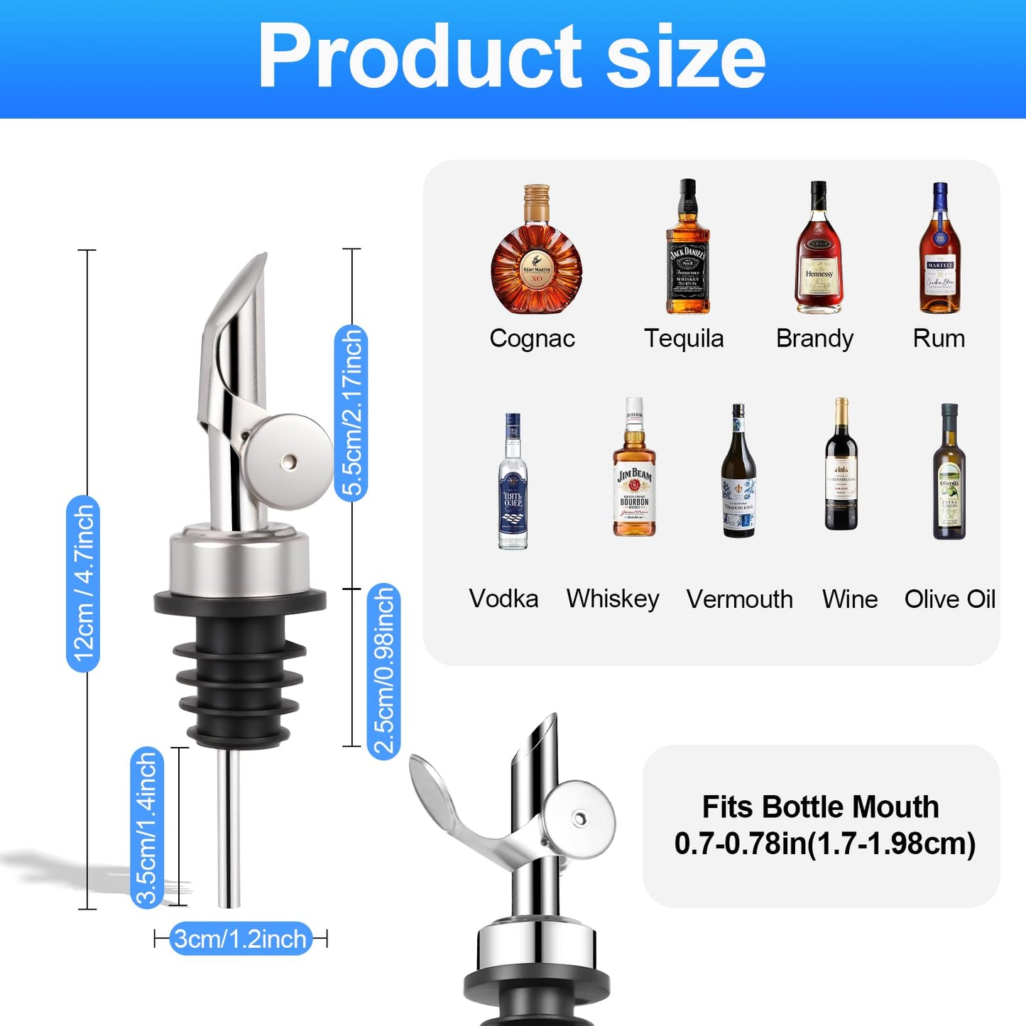 Hjldaeu 12PCS Weighted Liquor Pour Spout, Stainless Steel Liquor Bottle Pourers, Auto Flip Olive Oil Spout Bottle Pourers for Wine Syrup Vinegar Home Bar Accessories