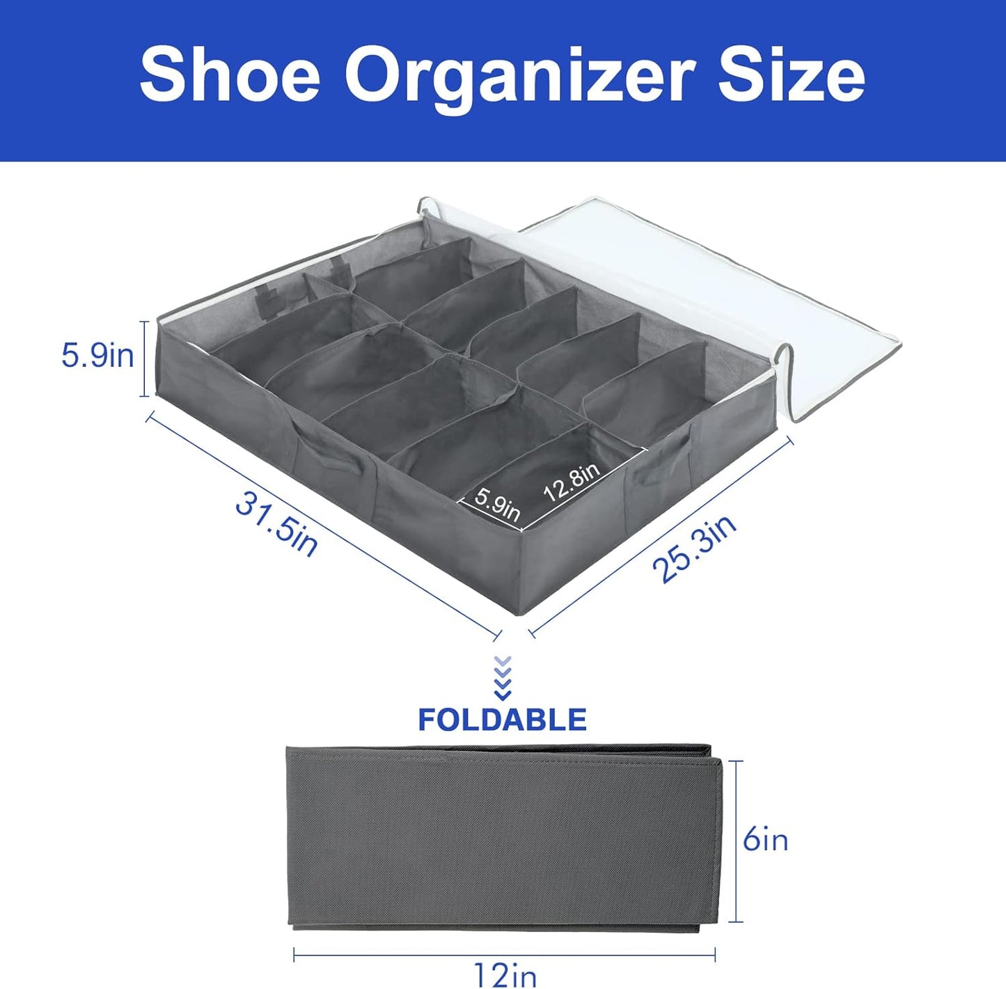 Surblue Under Bed Shoe Storage Organizer, Fits 24 Pairs of Shoes, Set of 2, Grey with Clear Cover