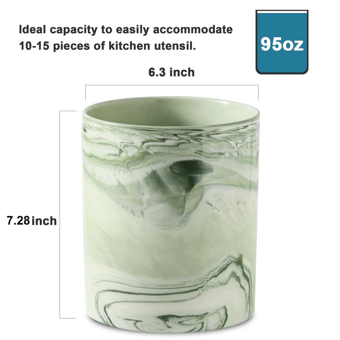 Howise 7.2 inch Large Utensil Holder for Kitchen Counter, Marble Utensil Crock Spatula Holder for Countertop Cooking Tools Storage Caddy Farmhouse Kitchen Decor (Marble-Green)
