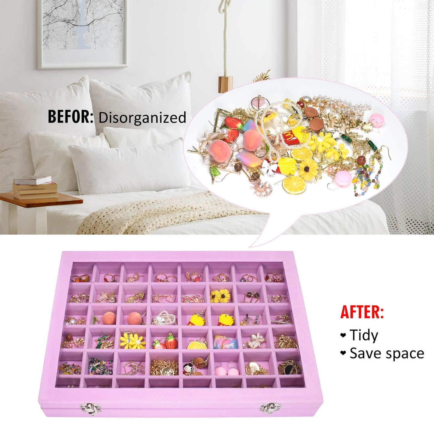 Vicoter Velvet Jewelry Tray 48 Compartments Jewelry Display Organizer with Transparent Cover Rings, Earrings, Necklaces, Pendants Storage Box for Girls, Wives, Mothers, Women