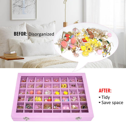 Vicoter Velvet Jewelry Tray 48 Compartments Jewelry Display Organizer with Transparent Cover Rings, Earrings, Necklaces, Pendants Storage Box for Girls, Wives, Mothers, Women
