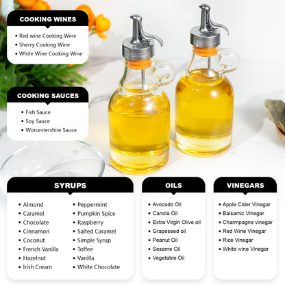 Olive Oil Dispenser Bottle,Glass Oil Dispenser with Stainless Steel Spouts,Oil Bottles for Kitchen, Oil Dispenser Bottle with Drip Free Spouts (2pcs) 12 oz