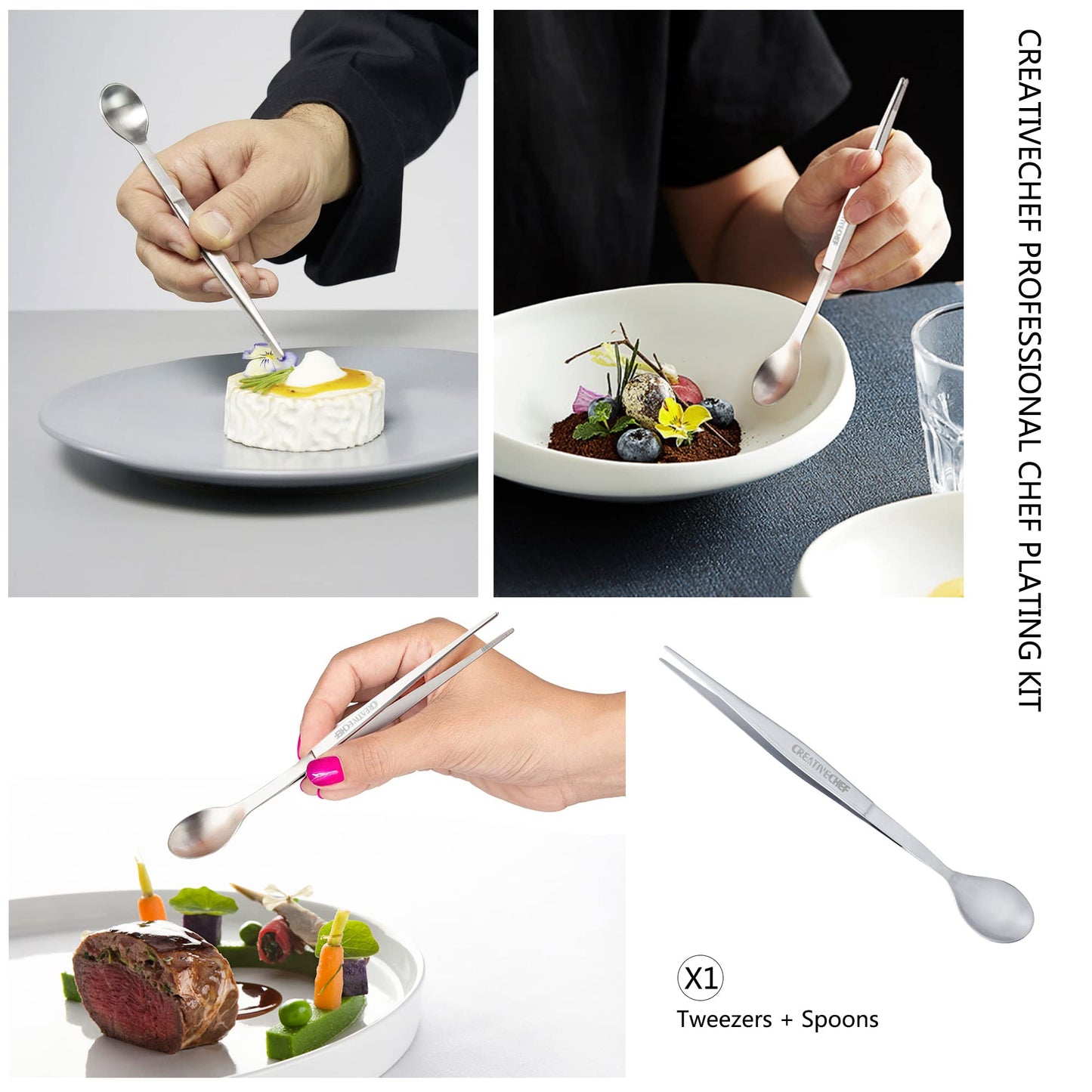 CREATIVECHEF 10 PCS Plating Tools Culinary Set Contains Kitchen Tweezers Spatula Sauce Plating Spoon（Black）