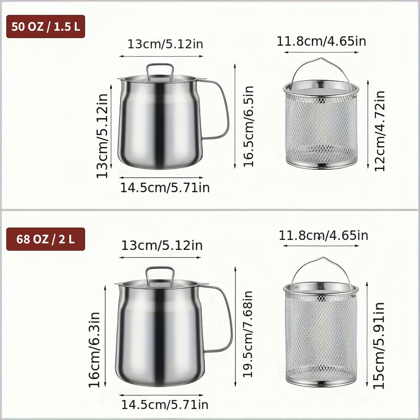 50oz 304 Stainless Steel Deep Fryer Pot with Basket & Strainer, Large Capacity Bacon Grease Container for Kitchen,Frying, Cooking, Camping,Oil Filter Container - Dishwasher Safe (50oz/1.5L/1.7Qt)