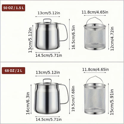 50oz 304 Stainless Steel Deep Fryer Pot with Basket & Strainer, Large Capacity Bacon Grease Container for Kitchen,Frying, Cooking, Camping,Oil Filter Container - Dishwasher Safe (50oz/1.5L/1.7Qt)