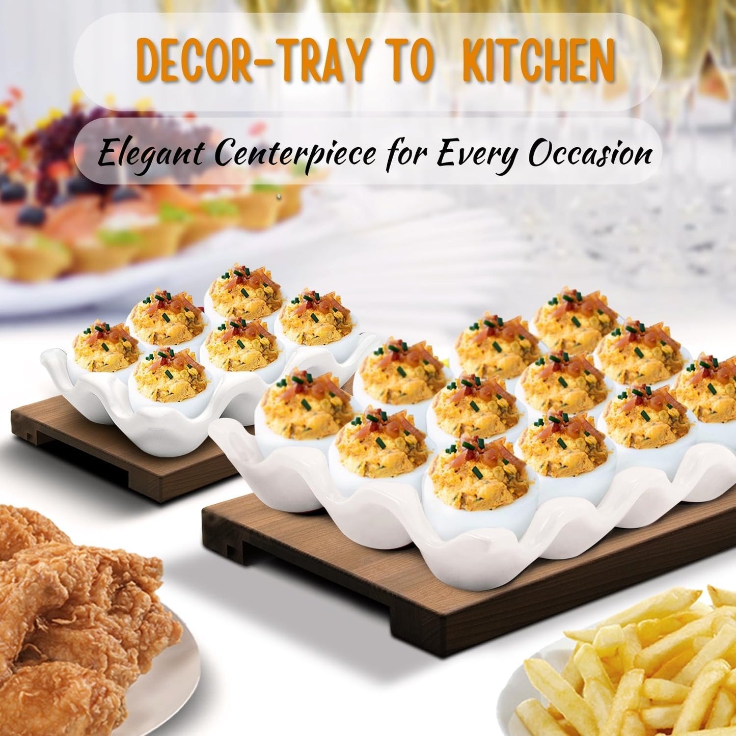 Flexzion 12 + 6 Cups Ceramic Egg Holder - 18 Porcelain Egg Tray Container for Refrigerator Countertop Display