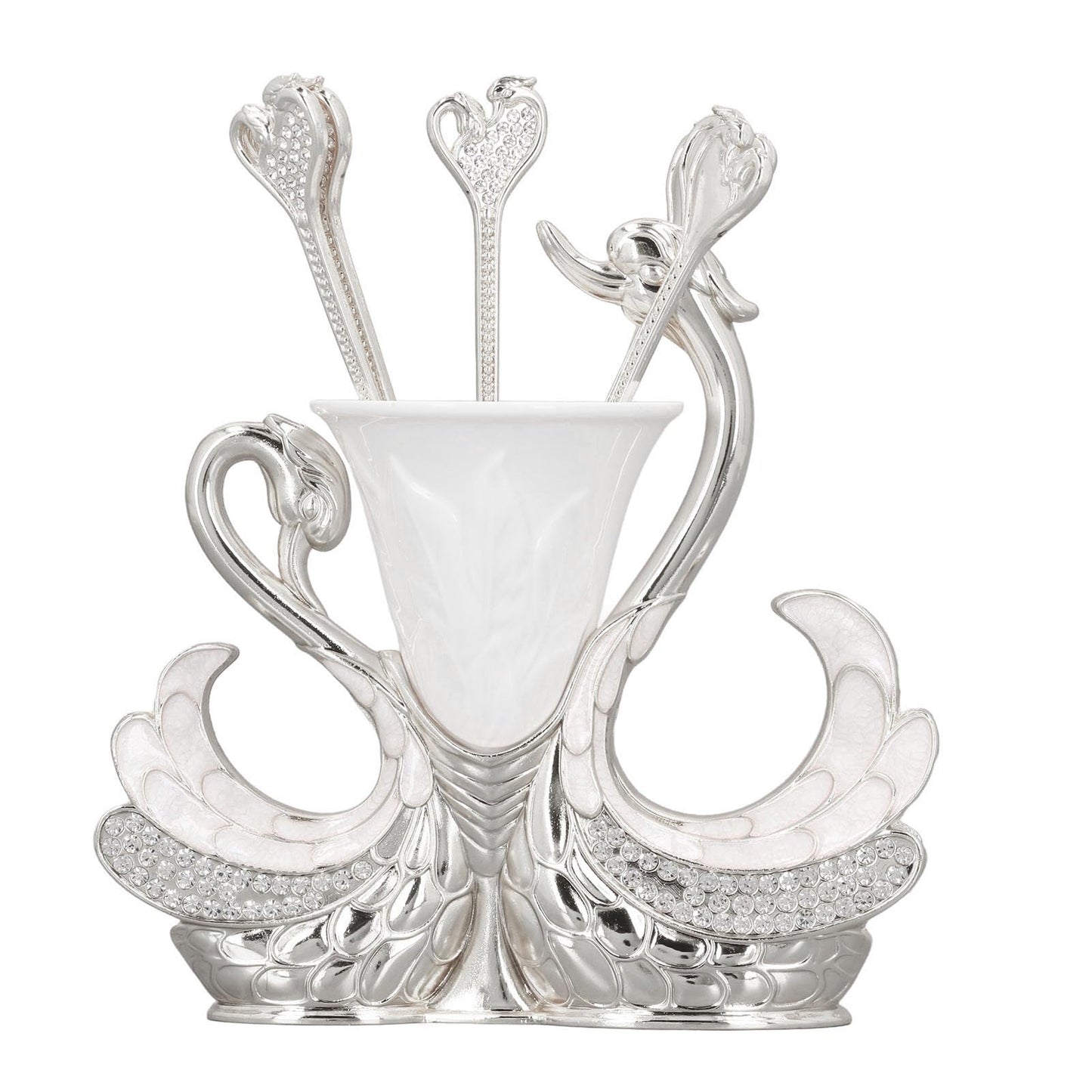 Coffee Dessert Spoon Fork Set, Swan Base Holder Dinnerware Set with 6 Spoons, Luxury Exquisite Elegant Swan Shape Spoon Holder, Zinc Alloy Decorative Swan Flatware for Coffee