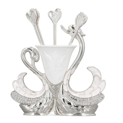 Coffee Dessert Spoon Fork Set, Swan Base Holder Dinnerware Set with 6 Spoons, Luxury Exquisite Elegant Swan Shape Spoon Holder, Zinc Alloy Decorative Swan Flatware for Coffee