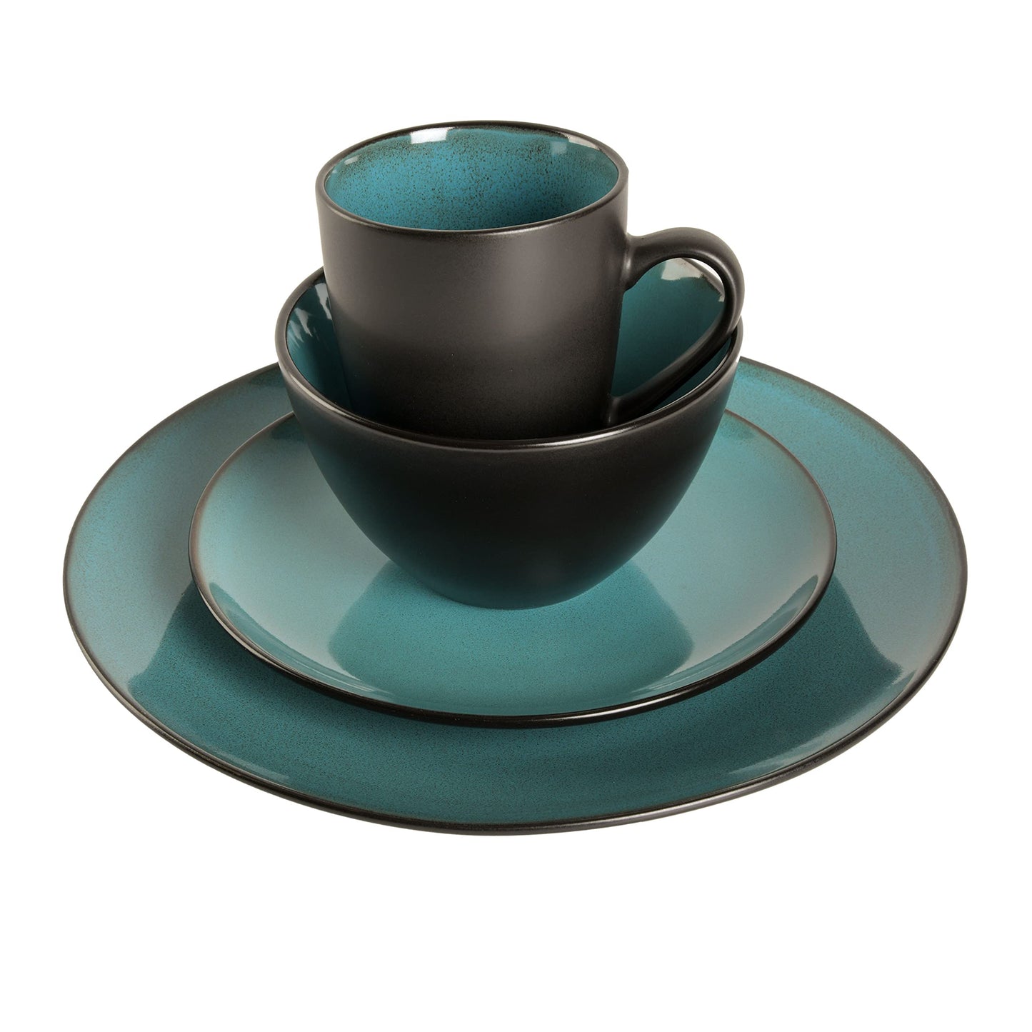 Gibson Elite Soho Lounge 16-Piece Round Reactive Glaze Stoneware Dinnerware Set, Service for 4 – Teal Plates and Bowls