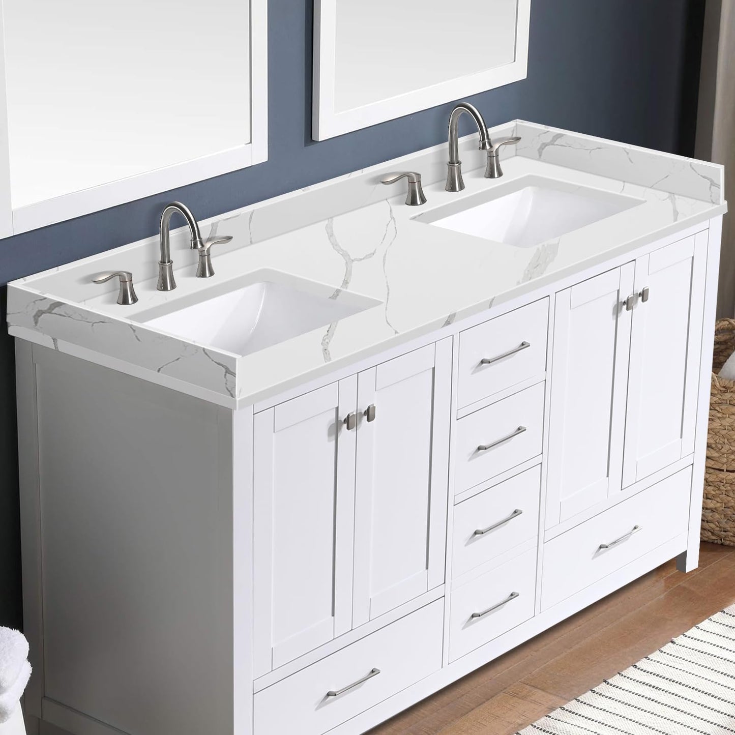 EQLOO 60 in.W x 22 in.D Quartz Calacatta River Vanity Top,with Undermount Double Sink Vanity Top,with Two Sidesplash & One Backsplash,8 Inch Faucet Hole Spread Bathroom Vanity Sink Countertop