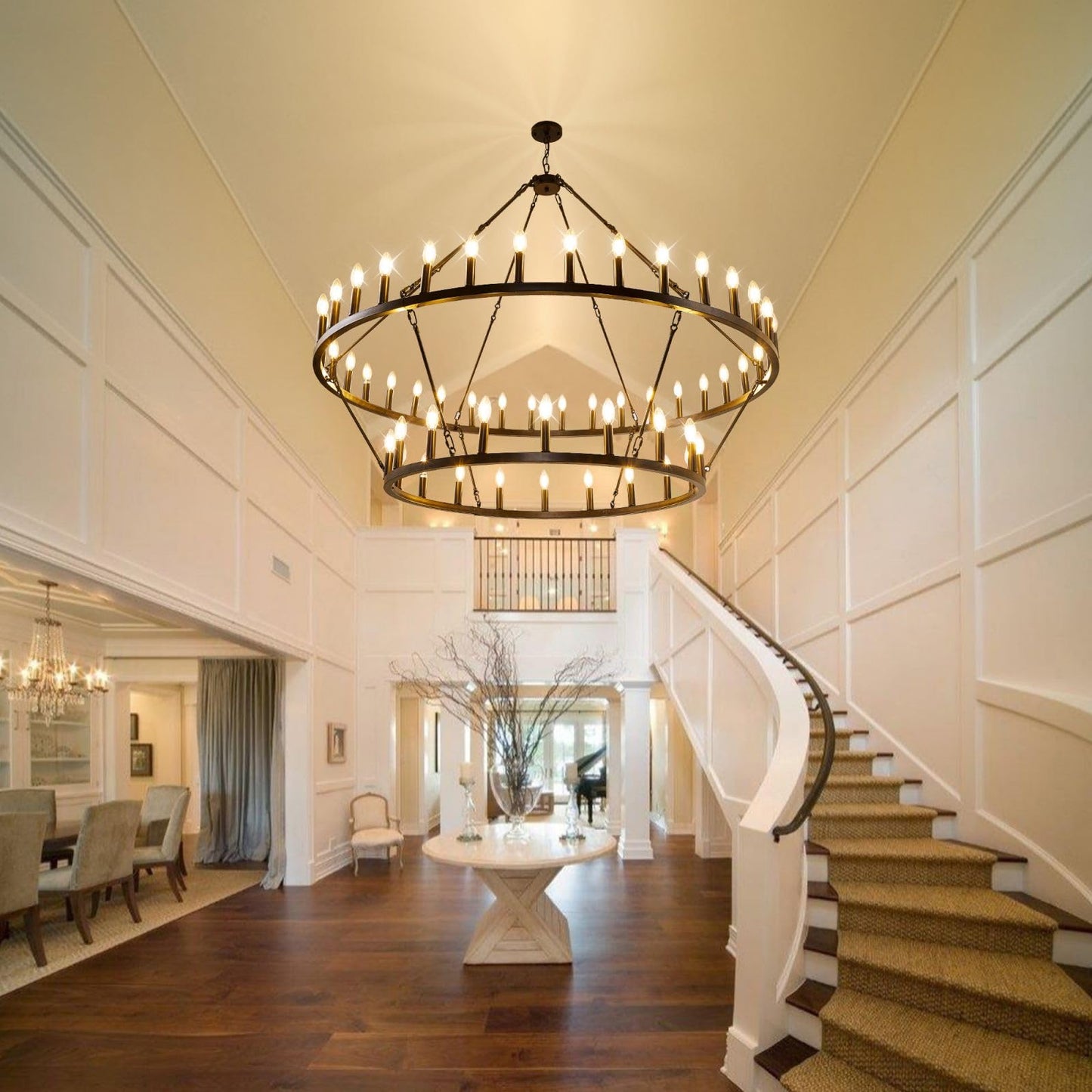 54-Lights 2 Tier Wagon Wheel Chandelier, 60" Large Chandeliers for High Ceilings, Round Black Chandeliers for Dining Room, Farmhouse Foyer Lighting Fixtures, for Living Room, Staircase, Entryway