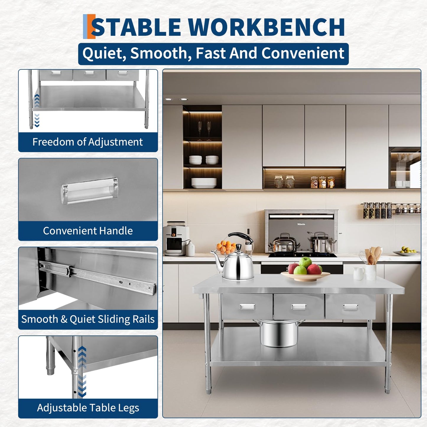 Stainless Steel Table with 3 Drawers, 60" X 24" NSF Prep Table with Adjustable Undershelf & Paper Towel Holder, Heavy-Duty Food Prep Worktable for Commercial Kitchen Restaurant Garage Warehouse