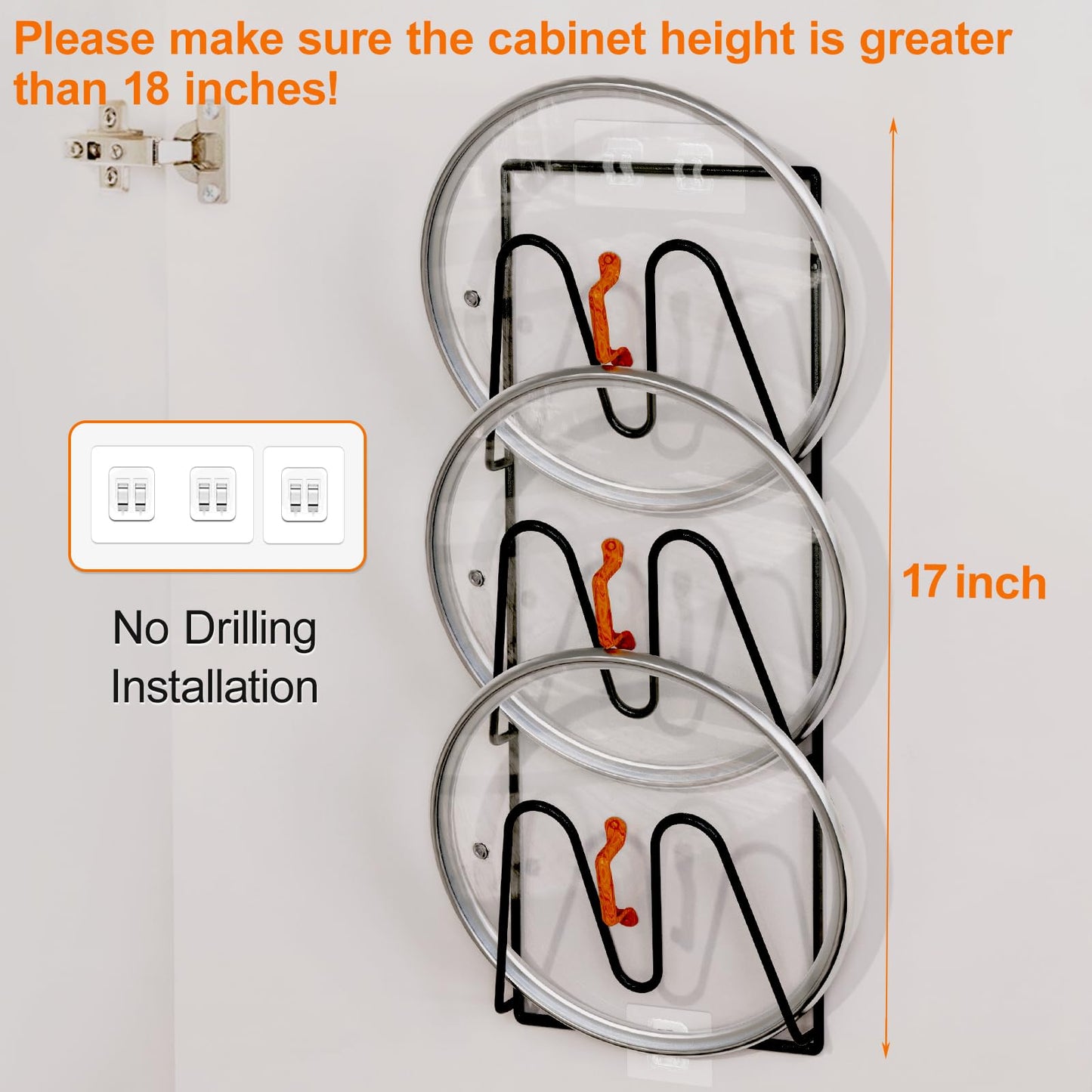 Durmmur 2 Pack Pot Lid Organizer Rack, 6-Tier Pot Lids Holder for Cabinet Door/Wall, No Drilling Adhesive Wall/Door Mounted Rustproof Pot and Pan Cover for Kitchen Storage, Classic Black