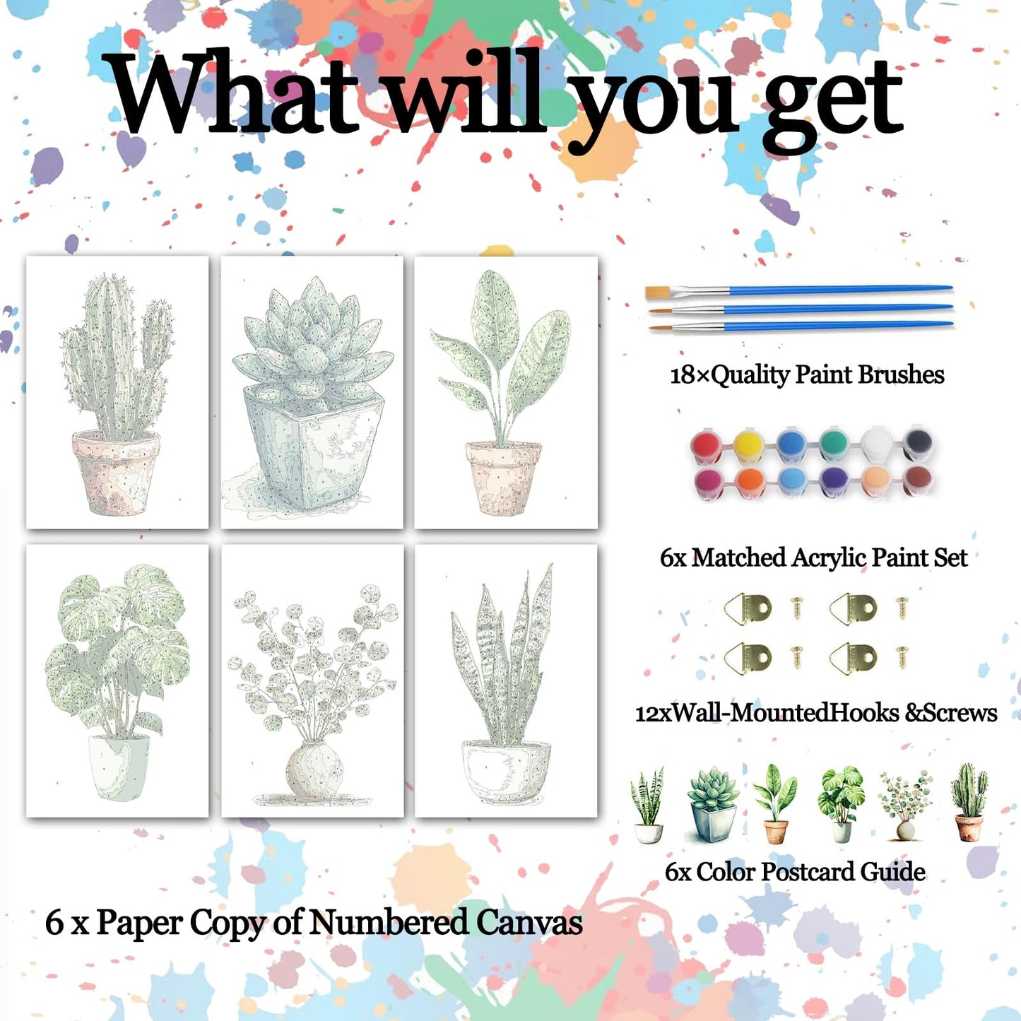 6 Pack Plant Paint by Numbers Kit for Adults Beginners 8x12 Inch, Potted Green Plant Paint by Number Kits on Canvas Without Frame, Easy DIY Acrylic Painting by Numbers for Home Wall Decor Gift