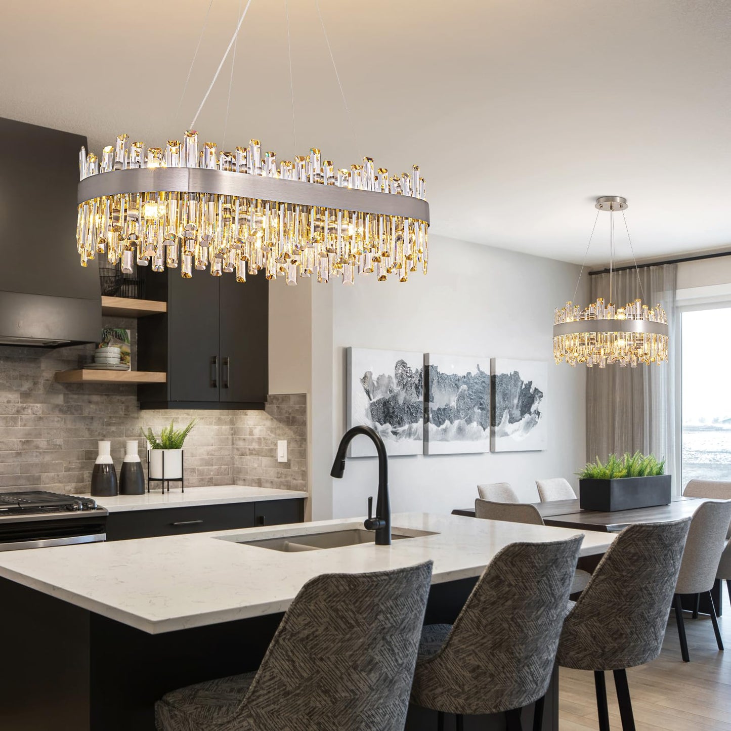 Siljoy Modern Crystal Chandelier, Luxury Rectangular 2-Tiers K9 Crystal Raindrop Chandelier, 16-Light Adjustable Hanging Crystal Ceiling Light for Dining Room Living Room Kitchen L35.4''