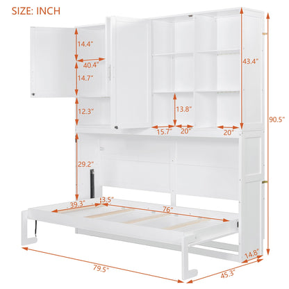 DNYN Twin Size Murphy Bed with Top Cabinets and LED for Bedroom/Guest/Study Room, Foldable Wall Bed Frame with USB and Storage Shelves, Space-Saving & No Box Spring Needed