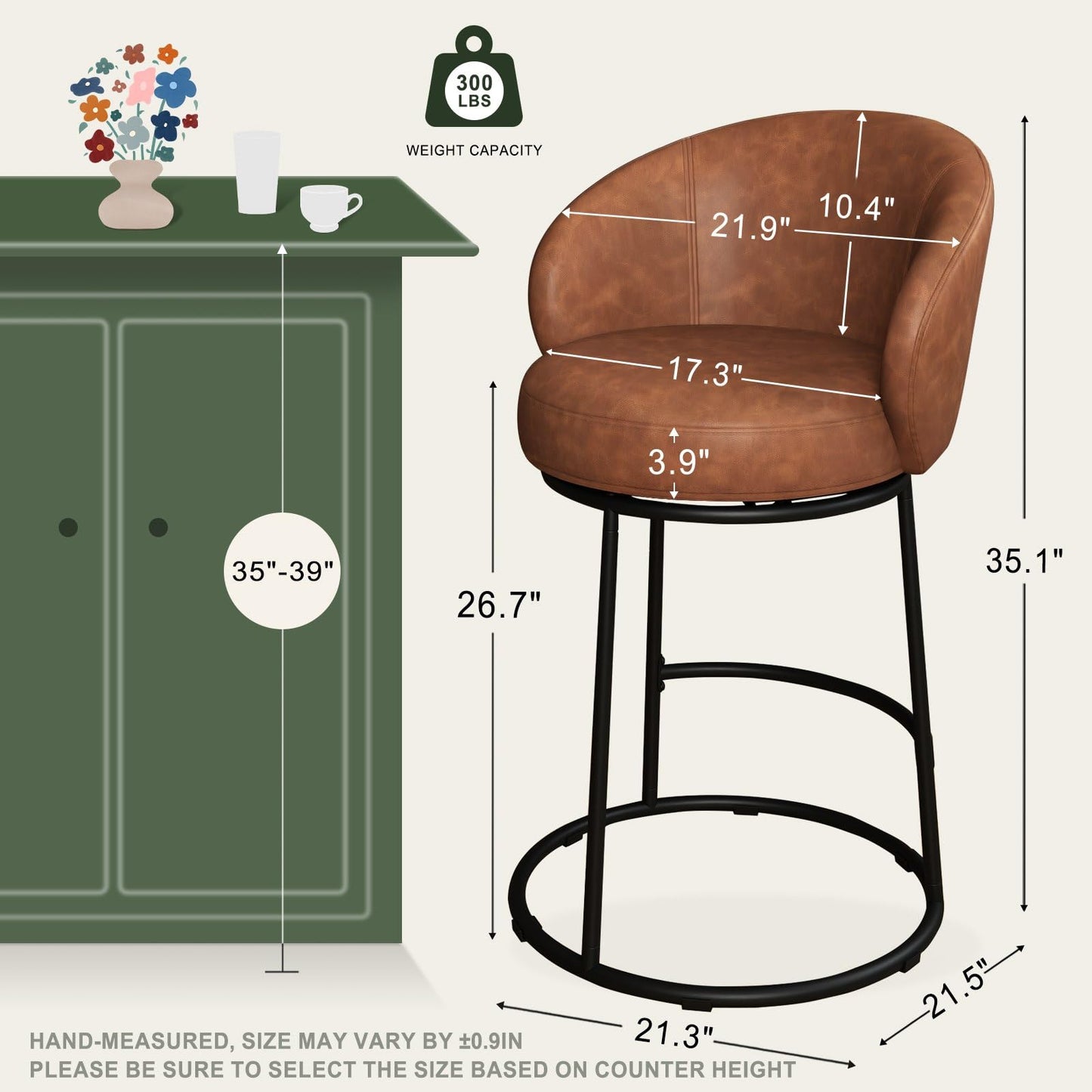 SAECKBERG Swivel Counter Height Bar Stools Set of 3, 26" H Modern Bar Height Stools for Kitchen Island, Upholstered Barstools with Backs, Brown Counter Stools Chairs, Faux Leather
