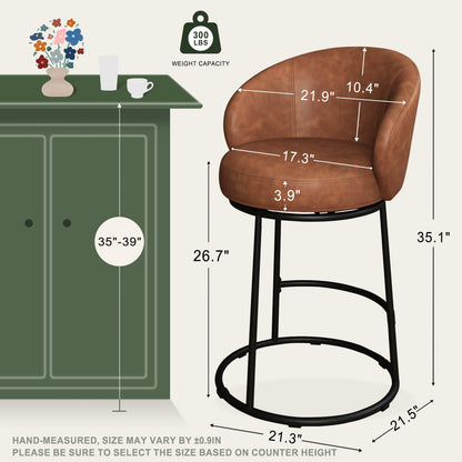 SAECKBERG Swivel Counter Height Bar Stools Set of 3, 26" H Modern Bar Height Stools for Kitchen Island, Upholstered Barstools with Backs, Brown Counter Stools Chairs, Faux Leather