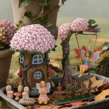 Landoraloria Miniature 8 Pcs Mini Garden Furniture, Fairy Garden Accessories Kit, Resin Figurines with Swing Set, Whimsical Theme, for Outdoor Patio, Yard, Lawn, or Desk