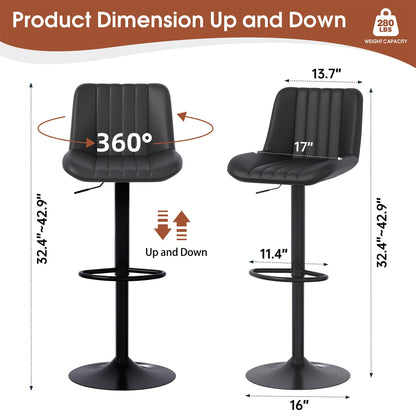 JAMFLY Modern Leather Bar Stools – Swivel & Height-Adjustable Bar Chairs with Footrest, Ergonomic Design for Kitchen Island, Home & Commercial Bar – Set of 6, Black