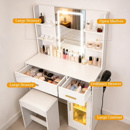 Ntufrest White LED Vanity Table with Three-Color Adjustable Light HD Mirror, USB Charging Port,Leather Stool, Double-Layer Acrylic Cabinet with Ambient Lighting,and Makeup Table with Drawer Storage
