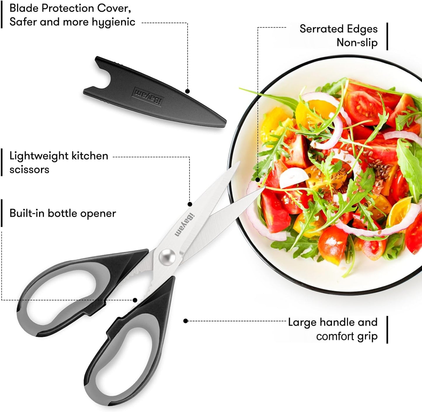 iBayam 8.5" Kitchen Scissors with Sheath, Black Household Appliances, Kitchen Gadgets, Cooking Scissors, Home Essentials