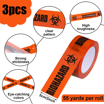 Innconee 3 Rolls Biohazard Tape Roll Safety Warning Adhesive Stickers Orange Caution Tape Roll with Legend Biohazard for Identifying and Marking, 55 Yd. Length x 2" Width
