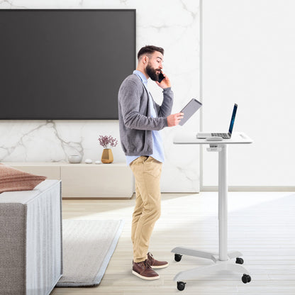 AVLT 48" Ambidextrous Standing Desk, Mobile Adjustable Height Rolling Laptop Desk, Folding Computer Projector Cart with Brake Casters, Portable White Desk for Home Office