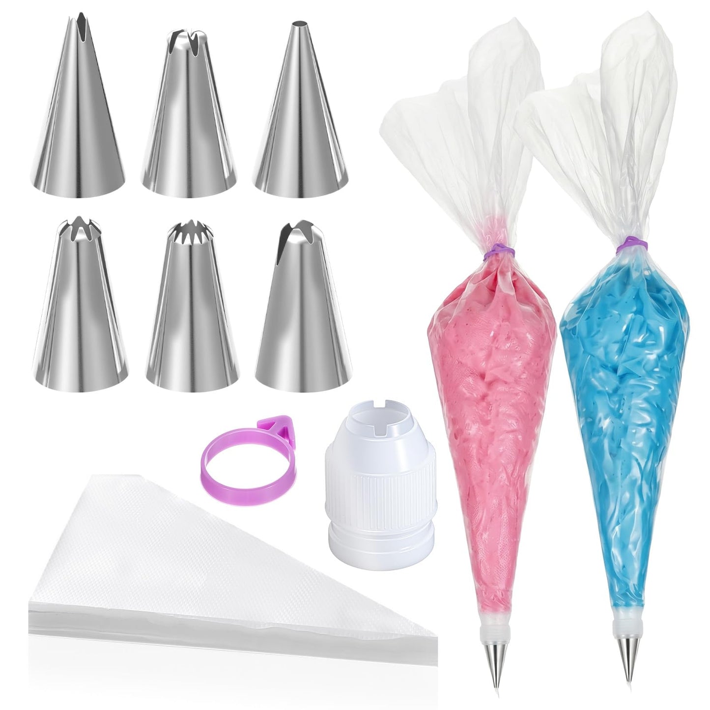 200Pcs Pastry Piping Bags and Tips Set, 24-Inch Disposable Icing Bags for Cake Decorating Kit with 1 Coupler and 6 Stainless Steel Frosting Tips, Professional Cake Supplies