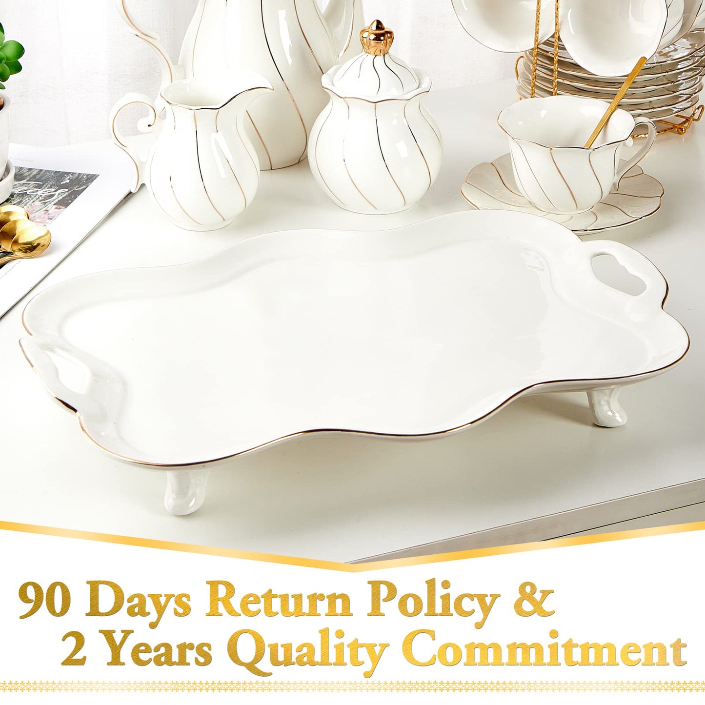 DUJUST Porcelain Serving Tray with Handles, Luxury British Style Coffee Table Tray with Golden Rim, Beautiful Tea Tray Decor for Living Room, Easy to Use & Clean