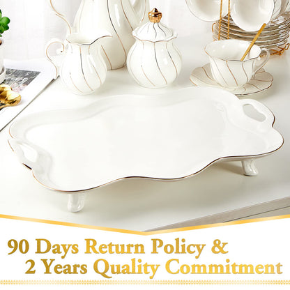 DUJUST Porcelain Serving Tray with Handles, Luxury British Style Coffee Table Tray with Golden Rim, Beautiful Tea Tray Decor for Living Room, Easy to Use & Clean