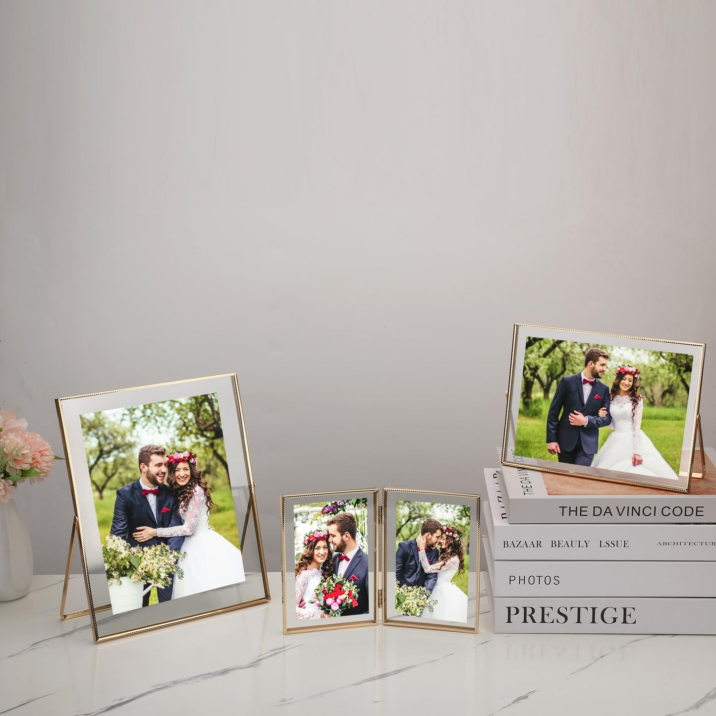 Classura Gold 5x5'' Square Floating Frame Set of 2,For Photo Sizes (3x3''& 4x4''),Beautiful Metal Beaded Edge Frames Adjustable Tabletop/Shelf Photo Frame,Classy Gift Choice for Wedding,Chrismas