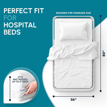 White Classic Fitted Hospital Bed Sheets, Cotton with 200 Thread Count, Size: 36" x 80" x 9"