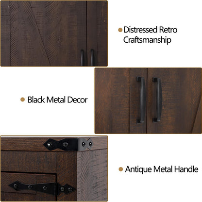 Hlivelood 71" Tall Kitchen Pantry,Farmhouse Storage Cabinet with Adjustable Shelves,Load-Bearing Steel Pipe,Farmhouse Pantry Cabinet with 4 Barn Doors, for Kitchen,Dining Room,Living Room(Brown)