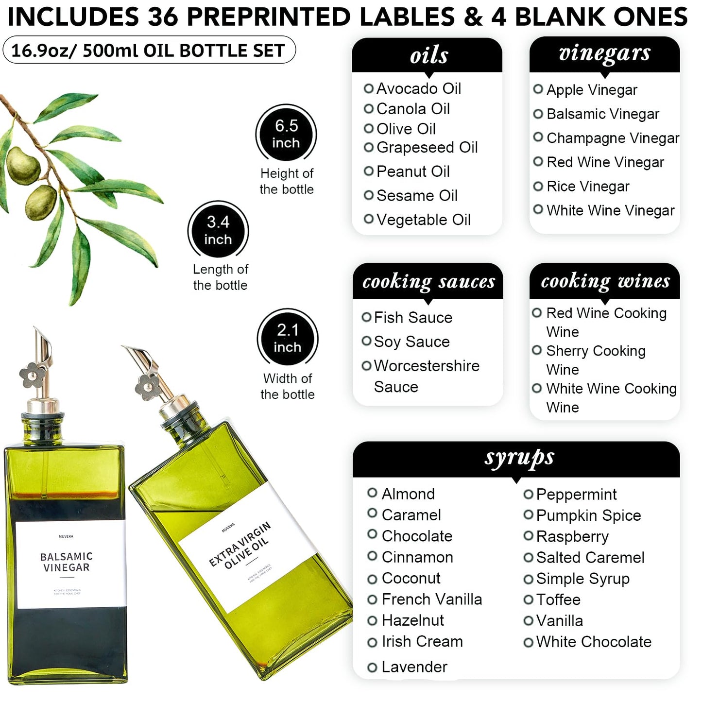 MUVEKA Olive Oil Dispenser Bottle for Kitchen, 16.9oz /500ml Cooking Vinegar Dispenser Bottle Set, Glass Sauce Container, Labels, Brush, Funnel, Stoppers, Green for Oil, Wine