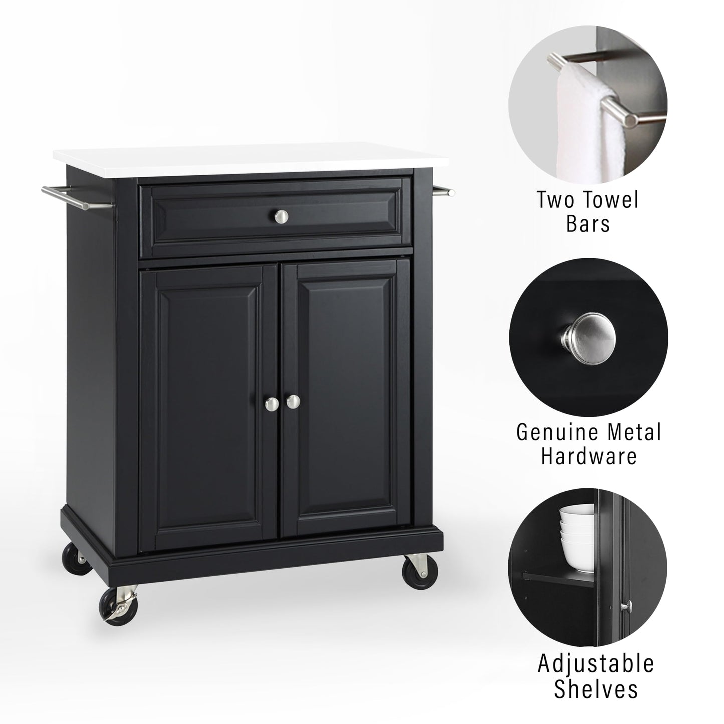 Crosley Furniture Compact Stone Top Small Rolling Cart with Shelves, Microwave Stand with Towel Rack, Black
