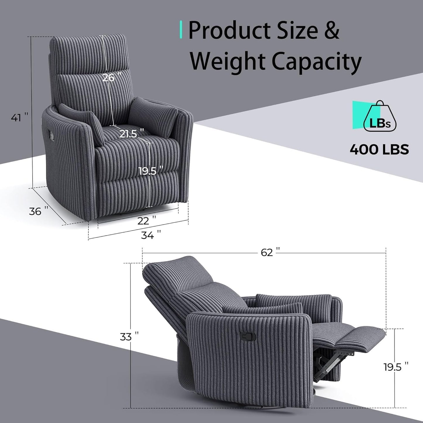 LINSY 360 Swivel Recliner Chair, Nursery Glider Rocking Chair with 2 Pillows, Corduroy Nursing Chair Comfy High Back Adult Rocker Recliner for Small Spaces, Nursery Bedroom Living Room (Gray)