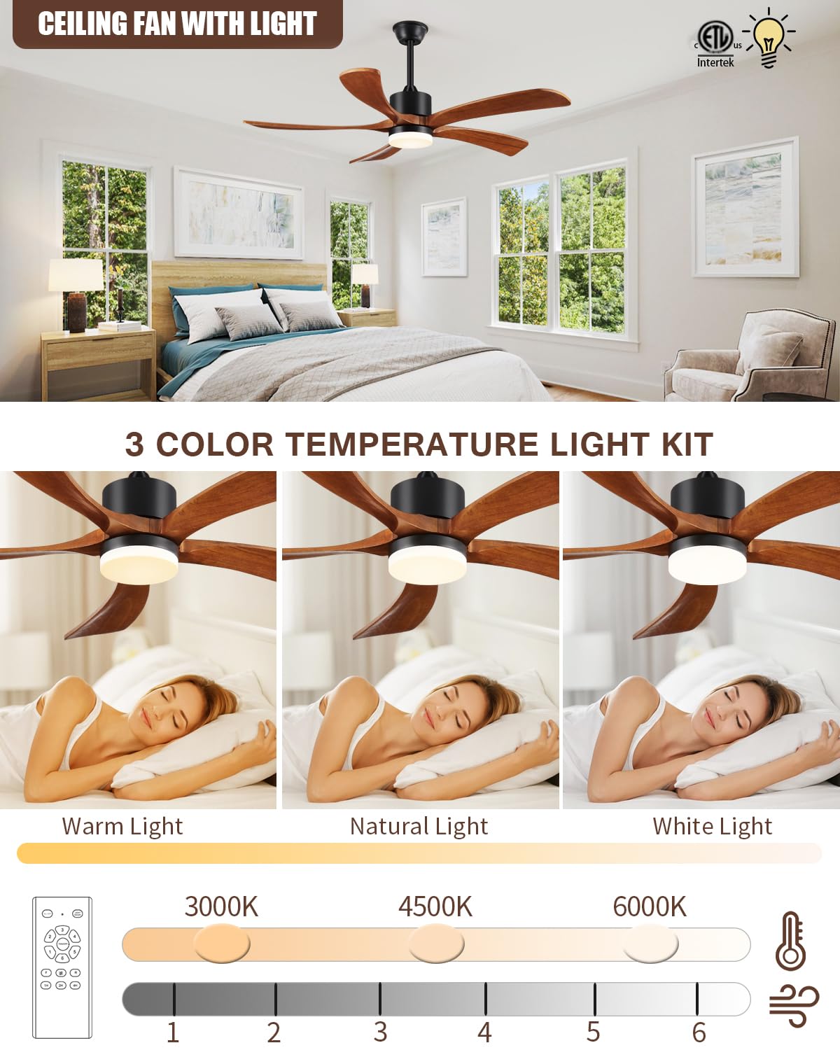 Forrovenco 72 In Ceiling Fans with Lights and Remote, USA Original Patent 72" Large Ceiling Fan, 3 Downrods, 5 Solid Wood Blades, 6 Speeds Quiet DC Motor Modern Outdoor Indoor Fan, 72in Yellow Walnut