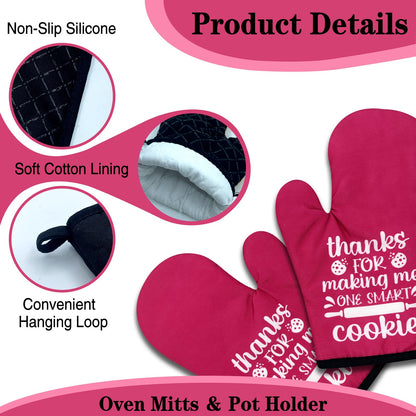 NAHMAKNE 2 Pack Funny Oven Mitts for Teacher, Thanks for Making Me One Smart Cookie, Heat Resistant Non-Slip Mitts, Teacher Appreciation Gifts, Christmas Birthday Gifts for Hostess Friend Bake Lover
