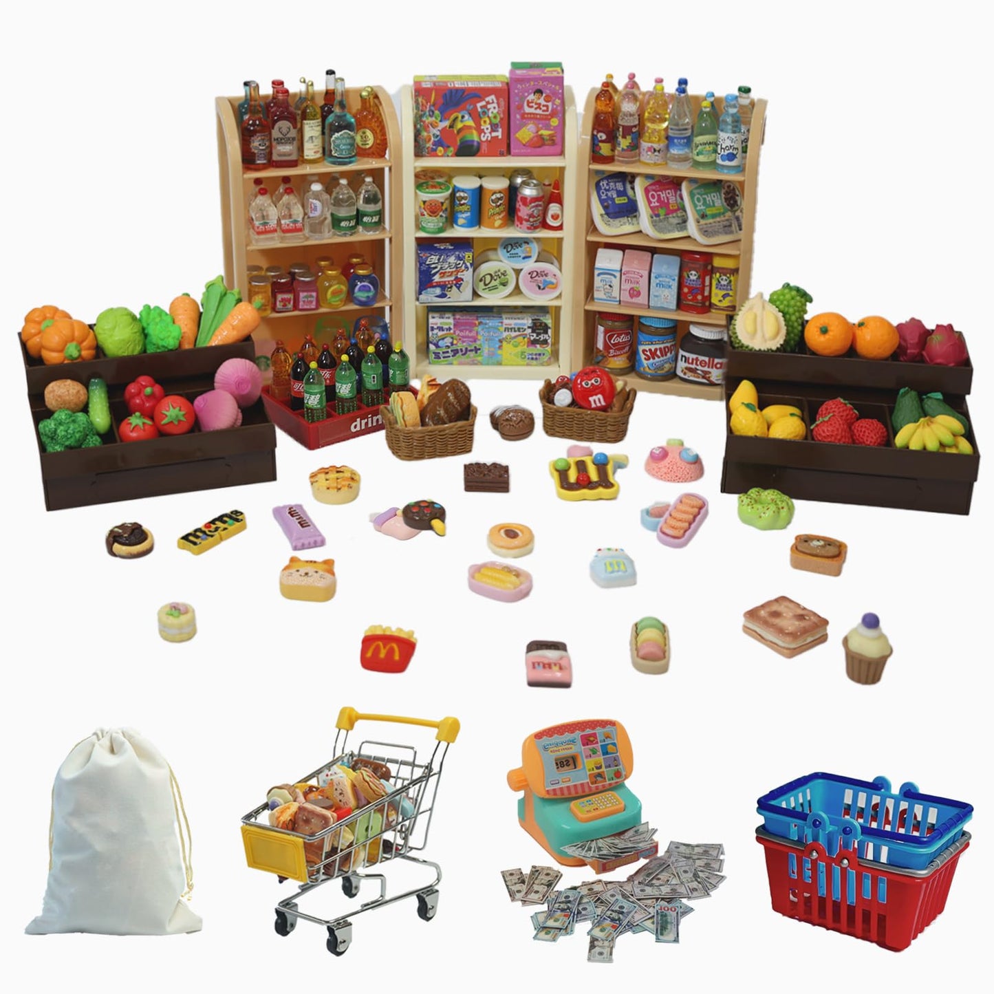 180Pcs Mini Shopping Cart Playset - Pretend Grocery Dollhouse Accessories Toys with Miniature Cash Register, 2 Fruit-Veggie Stands, 3 Shelves, 100+ Play Food - Educational Role Play Toys for Toddlers