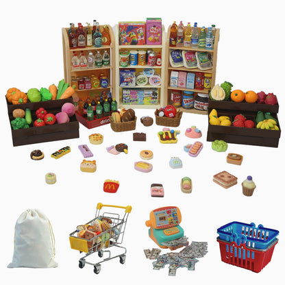 180Pcs Mini Shopping Cart Playset - Pretend Grocery Dollhouse Accessories Toys with Miniature Cash Register, 2 Fruit-Veggie Stands, 3 Shelves, 100+ Play Food - Educational Role Play Toys for Toddlers