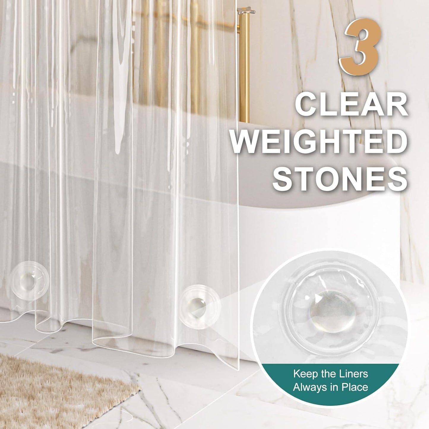 AmazerBath Heavy Duty Shower Curtain Liner - 12 Gauge Clear 72 x 72 Inches with 3 Stones & 12 Grommets